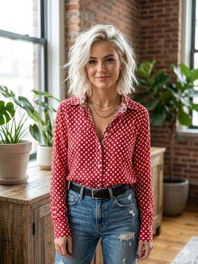 Marc Aurel Red Polka Dot SILK  Button-Up Blouse